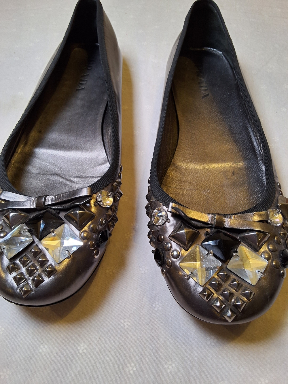 Prada Black Embellished Leather Ballet Flats with Crystal Accents